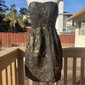 58- Forever 21 Golden Floral Jacquard Strapless Midi Dress